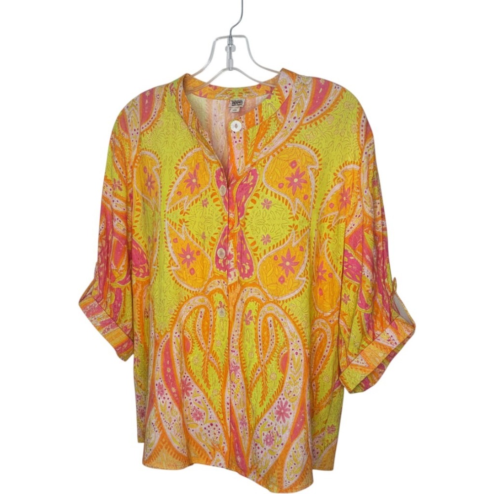 Ivy Jane Womens Paisley Cotton Button Up Blouse Orange Yellow Pink  M/L